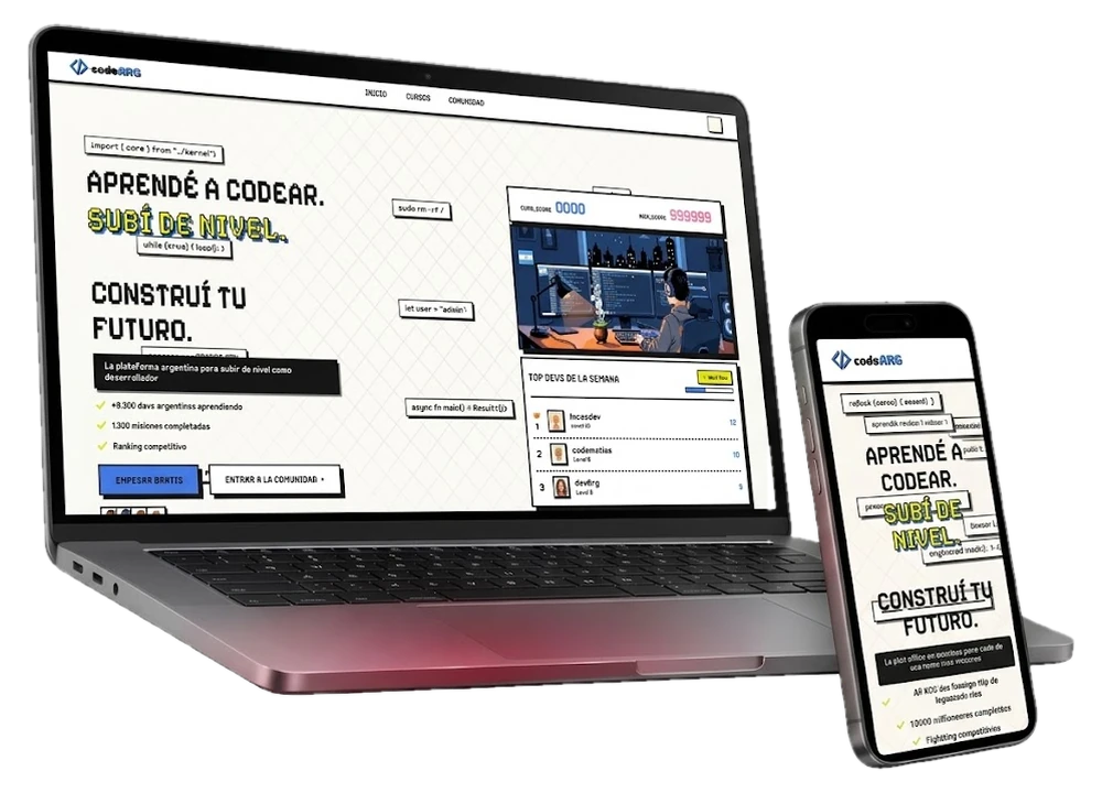 CodeArg, plataforma de aprendizaje de programación, vista en notebook y celular
